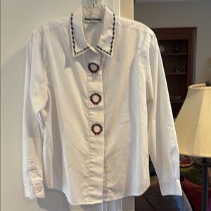 Vintage White Button-Up Shirt with Embroidered Accents